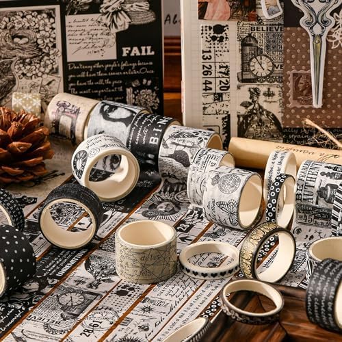 Washi Tape Box of 20 – Black &amp; WhiteCRAFTY CUDDLECollection of black and white patterned tape rolls on a wooden surface.