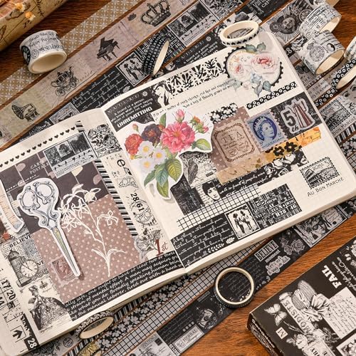 Washi Tape Box of 20 – Black &amp; WhiteCRAFTY CUDDLEDecorative book with vintage - style stickers on a wooden surface