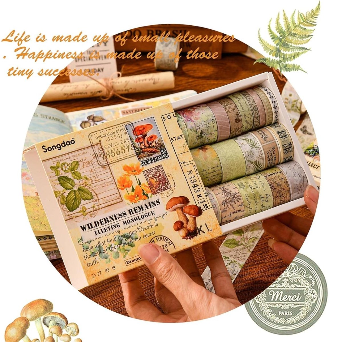 Washi Tape Box of 20 – Wilderness RemainsCRAFTY CUDDLESet of washi tape rolls with decorative packaging held by a hand, surrounded by nature - themed elements.
