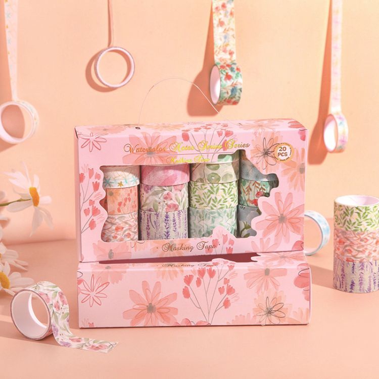 Washi Tape Set – 20 Pcs Floral WatercolorCRAFTY CUDDLESet of floral washi tape with packaging on a pink background