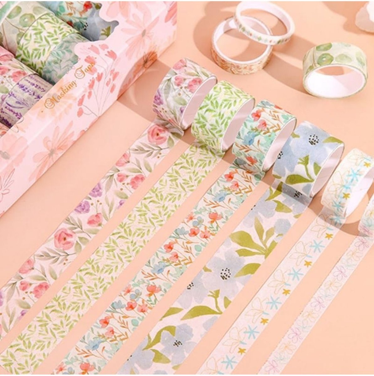 Washi Tape Set – 20 Pcs Floral WatercolorCRAFTY CUDDLESet of floral - patterned washi tapes on a pink background