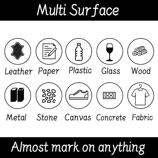White Permanent Marker Pen Pack of 10Pack of smooth highlightersCrafty CuddleSet of icons indicating materials that can be marked, including leather, paper, plastic, glass, wood, metal, stone, canvas, concrete, and fabric.WhiteMarker PermanentMarker PaintMarker DIYCrafts ArtSupplies StationeryLover MarkerPen WaterproofMarker OfficeSupplies CraftSupplies